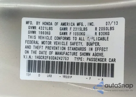 2013 Honda Accord Ex-L from USA, damaged, VIN 1HGCR2F80DA242753
